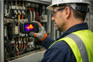 eletricista fazendo inspeção com camera termográfica