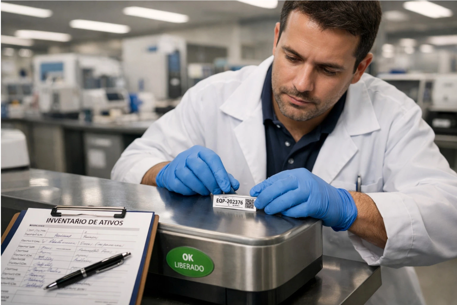 enfermeiro de laboratorio realizando inventário de um equipamento